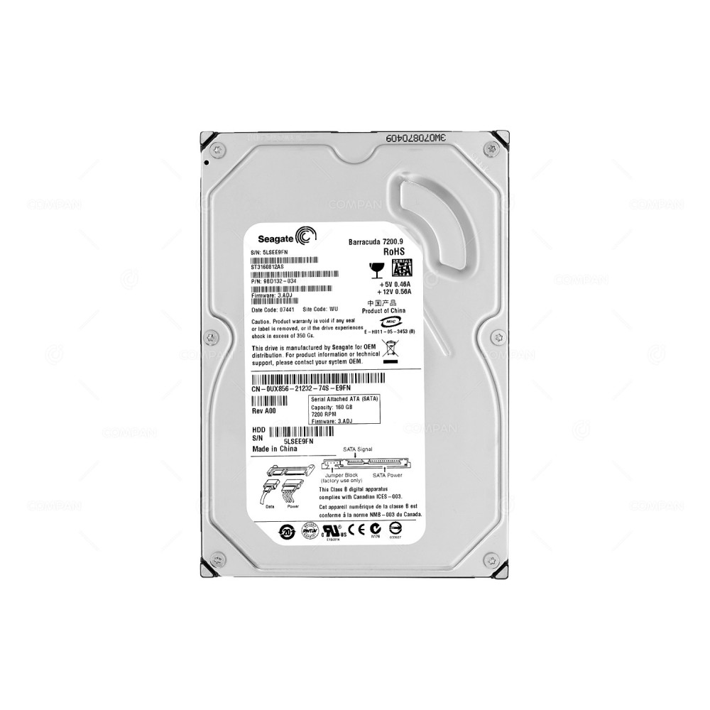 UX856 DELL HARD DRIVE 160GB 7.2K 3G SATA 3.5 LFF 0UX856, ST3160812AS
